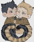  animal_ears animal_feet animal_hands bertolt_hoover blonde_hair blush chibi couple heart heart_tail highres jaguar_boy jaguar_ears jaguar_tail kemonomimi_mode male_focus paradis_military_uniform reiner_braun shingeki_no_kyojin short_hair smile tail tails_touching tiger_boy tiger_ears tiger_tail yaoi zunkome 