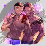  2boys :p abs black_hair black_male_swimwear cellphone cowboy_shot cross_scar dark-skinned_male dark_skin earrings eyebrow_cut facial_tattoo forehead hand_on_another&#039;s_hand hand_on_another&#039;s_shoulder holding holding_phone jewelry jnnkleeche_(artist) lip_piercing long_hair looking_at_phone male_focus male_swimwear multiple_boys muscular muscular_male navel nipples original phone piercing purple_eyes purple_male_swimwear scar scar_on_arm scar_on_face selfie short_hair shoulder_tattoo smartphone smile swim_trunks tattoo tongue tongue_out topless_male tribal_tattoo undercut very_short_hair wavy_hair yellow_eyes 