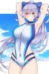  1girl arind_yudha armpits blue_ribbon breasts brown_eyes fate/grand_order fate_(series) front_zipper_swimsuit hair_ornament hair_ribbon highres kanemoto_hisako large_breasts long_hair looking_at_viewer meme_attire one-piece_swimsuit ribbon silver_hair smile solo solo_focus swimsuit tomoe_gozen_(fate) tomoe_gozen_(swimsuit_saber)_(fate) 