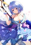  1girl :o bare_shoulders black_choker blue_dress blue_hair blush breasts choker cleavage commission dress expressionless eyebrows_visible_through_hair flower_knight_girl gem grey_legwear hair_ornament highres holding holding_weapon ipheion_(flower_knight_girl) jewelry looking_at_viewer miso_(misomiso_154) necklace pantyhose petals purple_eyes short_hair skeb_commission solo weapon 