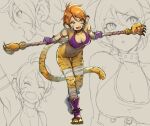  1girl animal_ears breasts breath_of_fire breath_of_fire_ii bustier cat_ears cat_tail cleavage facial_mark full_body furry furry_female gloves looking_at_viewer no_pants open_mouth orange_hair pointy_ears rinpoo_chuan sassa_(cb) short_hair simple_background smile solo staff tail 