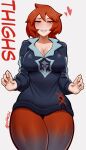  1girl absurdres arezu_(pokemon) blush breasts cleavage eyebrows_visible_through_hair grin highres large_breasts lips looking_at_viewer pantyhose parted_lips pokemon pokemon_(game) pokemon_legends:_arceus red_eyes red_hair red_legwear short_hair smile solo teeth thick_thighs thighs twitter_username waki_(w4kih) 