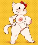 2022 accessory anthro big_breasts black_eyes breasts domestic_cat felid feline felis female front_view full-length_portrait fur genitals hair_accessory hair_bow hair_ribbon hands_on_hips hello_kitty_(character) hello_kitty_(series) hi_res inverted_nipples mammal nipples nude pattern_background plump_labia portrait pussy ribbons sanrio short_stack simple_background skye3337 smile solo whiskers white_body white_fur yellow_background 