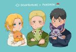  1girl 2boys annie_leonhardt bertolt_hoover blonde_hair blue_eyes blush child commentary_request copyright_name cropped_torso green_shirt highres holding holding_pokemon larvitar multiple_boys noibat poke_ball_symbol pokemon pokemon_(creature) reiner_braun shingeki_no_kyojin shirt short_hair sweatdrop torchic yellow_eyes younger zunkome 