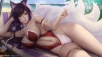  1girl ahri_(league_of_legends) animal_ears black_hair breasts cameltoe fox_ears fox_girl fox_tail garter_belt garters kitsune large_breasts league_of_legends looking_at_viewer one-piece_swimsuit smile swimsuit tail turewindwalker yellow_eyes 