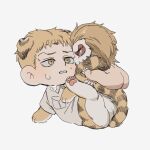  1boy animal_ears animal_feet animal_hands blonde_hair blush chibi creature full_body highres jaw_titan kemonomimi_mode legs_up male_focus marley_military_uniform reiner_braun shingeki_no_kyojin short_hair sweatdrop tail tiger_boy tiger_ears tiger_tail zunkome 