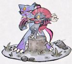  chest_jewel claws fangs forehead_jewel grass happy no_humans open_mouth outstretched_arms pokemon pokemon_(creature) sizma sketch smile sneasler standing tree_stump weavile 
