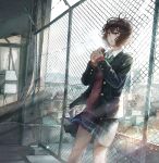  1girl black_jacket bow bowtie brown_hair can canned_coffee chain-link_fence day fence fusebox green_bow green_bowtie highres jacket open_mouth original plaid plaid_skirt sakura_inu_(itoyatomo) school_uniform short_hair skirt skyline standing sunlight visible_air 