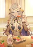  1boy 1girl absurdres ahoge asymmetrical_hair blonde_hair bodystocking breasts bridal_gauntlets cape circlet cleavage closed_mouth commission commissioner_upload feeding fire_emblem fire_emblem_fates fire_emblem_heroes food grey_eyes highres incoming_food indoors kiran_(fire_emblem) long_hair looking_at_viewer male_hand medium_breasts ophelia_(fire_emblem) pov shiro_font sushi turtleneck 
