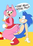  2021 absurd_res amy_rose anthro anthro_on_anthro balls blue_body boots butt clenched_teeth clothed clothing condom dress duo duskcy english_text erection eulipotyphlan female footwear genitals gloves green_eyes half-closed_eyes handwear hedgehog hi_res hot_dogging humanoid_genitalia humanoid_penis looking_back male male/female mammal mostly_nude narrowed_eyes no_underwear penis pink_body red_clothing red_dress safe_sex sega sex sexual_barrier_device sonic_the_hedgehog sonic_the_hedgehog_(series) speech_bubble teeth text toony wearing_condom 
