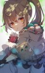  1girl absurdres ahoge berry bird blurry blush brown_cape brown_capelet brown_cloak brown_eyes brown_hair cape capelet cloak cup dappled_sunlight depth_of_field drinking_straw friend_(nanashi_mumei) gloves hair_ornament hairclip haru_(watari0131) hieroglyphics highres hololive hololive_english hood juice leaf multicolored_hair nanashi_mumei owl partially_fingerless_gloves ponytail runes streaked_hair sunlight thigh_strap thighhighs tree_shade virtual_youtuber 