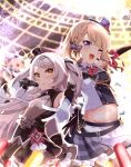  2girls acchii_(akina) armpit_crease azur_lane bangs bare_shoulders belt blonde_hair braid breasts commentary_request cross crowd detached_sleeves frilled_skirt frills gloves grey_hair hat highres holding holding_microphone idol_clothes iron_cross light_stick long_hair looking_at_viewer medium_breasts microphone midriff mini_hat multiple_girls music navel official_alternate_costume one_eye_closed open_mouth plaid plaid_skirt purple_eyes short_hair singing skirt small_breasts smile standing stomach sweat swept_bangs two_side_up v white_gloves yellow_eyes z23_(azur_lane) z23_(serious_idol_@acting_manager?!)_(azur_lane) z46_(azur_lane) z46_(star-lit_chocolate)_(azur_lane) 