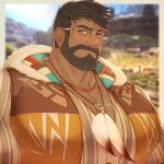  1boy avatar_(ff14) bara beard blue_eyes blurry blurry_background blush commission dark-skinned_male dark_skin facial_hair feather_necklace final_fantasy final_fantasy_xiv glasses highres hood hood_down hooded_jacket hyur jacket large_pectorals looking_at_viewer male_focus mature_male muscular muscular_male mustache open_clothes open_jacket pectoral_cleavage pectorals rapbitan roegadyn round_eyewear short_hair smile solo thick_eyebrows upper_body 