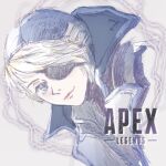  1girl apex_legends black_eyepatch black_headwear blonde_hair blue_eyes blue_jacket copyright_name cropped_torso deep_current_wattson eyepatch grey_background ichigo_jam jacket logo looking_to_the_side official_alternate_costume portrait sketch smile solo wattson_(apex_legends) 