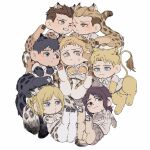  2boys 5boys absurdres animal_ears animal_feet animal_hands annie_leonhardt bertolt_hoover blonde_hair blue_eyes blush brothers brown_hair cheek-to-cheek chibi from_above heads_together highres jaguar_boy jaguar_ears jaguar_girl jaguar_tail kemonomimi_mode lion_boy lion_ears lion_tail marcel_galliard marley_military_uniform multiple_boys pieck_finger porco_galliard reiner_braun shingeki_no_kyojin short_hair siblings smile tail tiger_boy tiger_ears tiger_tail zeke_yeager zunkome 