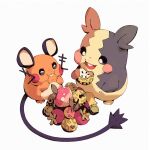  berry berry_(pokemon) bluekomadori closed_eyes commentary dedenne eating food highres holding holding_food morpeko morpeko_(full) no_humans open_mouth pokemon pokemon_(creature) standing white_background 