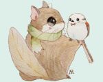  animal animal_focus bird blue_background blush bow bowtie commentary_request cowlick fluefluekoubo26 green_scarf highres holding long-tailed_tit looking_at_another no_humans original painting_(medium) scarf squirrel traditional_media watercolor_(medium) 