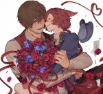  2boys adventurer_(ff14) animal_ears bag blue_eyes blue_headwear blue_jacket bouquet braid braided_ponytail brown_hair cat_ears closed_eyes collared_shirt commentary english_commentary envelope facial_hair facial_mark facing_another ffxivys final_fantasy final_fantasy_xiv flower g&#039;raha_tia grey_shirt hair_between_eyes hair_ornament happy headwear_removed holding holding_bouquet hug hyur jacket looking_at_another male_focus miqo&#039;te multiple_boys one_eye_closed open_mouth petals red_flower red_hair red_ribbon red_rose red_vest ribbon rose shirt short_hair simple_background single_braid smile stubble upper_body vest white_background x_hair_ornament yaoi 