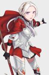  1girl absurdres armor armored_dress axe aymr_(fire_emblem) black_gloves cape cowboy_shot edelgard_von_hresvelg fire_emblem fire_emblem:_three_houses fire_emblem_warriors:_three_hopes gloves hair_ornament hair_ribbon highres holding holding_axe leg_armor long_hair looking_at_viewer open_mouth outstretched_arm peach11_01 purple_eyes purple_ribbon red_cape ribbon simple_background thighhighs white_hair 