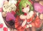  1girl alternate_costume arm_ribbon bangs bare_shoulders black_legwear blush bow bowtie breasts cake candy chocolate chocolate_cake chocolate_syrup choker cleavage collarbone commentary_request decorations dress english_text eyelashes feet_out_of_frame fingernails food garter_straps green_hair hairband heart heart-shaped_chocolate highres kazami_yuuka large_breasts lips red_bow red_bowtie red_choker red_dress red_eyes red_hairband red_nails red_ribbon ribbon ribbon_choker shiny shiny_hair shironeko_yuuki short_hair sitting smile solo touhou valentine 