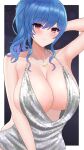 1girl azur_lane bare_shoulders blue_hair blush breasts cleavage dress evening_gown eyebrows_visible_through_hair highres huge_breasts jewelry looking_at_viewer low_neckline necklace official_alternate_costume red_eyes satsuka_(258) side_ponytail silver_dress solo st._louis_(azur_lane) st._louis_(luxurious_wheels)_(azur_lane) 