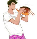  1boy american_dragon_jake_long black_eyes black_hair black_nails bowl boxers breathing_fire character_print chopsticks clothes_writing ear_piercing english_text fire food from_side hands_up hello_kitty_(character) highres holding holding_food jake_long looking_at_viewer male_focus male_underwear noodles padeliciouss piercing pink_male_underwear print_male_underwear shirt short_hair short_sleeves simple_background sketch sleeves_rolled_up solo spiked_hair t-shirt twitter_username underwear white_background white_legwear white_shirt 