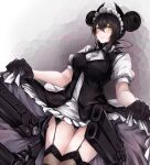 1girl agent_(girls&#039;_frontline) bangs black_dress black_gloves black_hair black_legwear blush breasts closed_mouth clothes_lift commission double_bun dress dress_lift eyebrows_visible_through_hair feet_out_of_frame garter_straps girls&#039;_frontline gloves highres lips maid maid_headdress marche_mk14 medium_breasts medium_hair revision sangvis_ferri simple_background skeb_commission smile solo standing thighhighs yellow_eyes 
