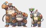  2022 absurd_res anthro beard belly biped bottomwear clothing facial_hair felid group hi_res humanoid_hands jerry_5779 kemono lion loincloth male mammal moobs mustache nipples overweight overweight_male pantherine scar simple_background tiger 