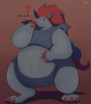  absurd_res anthro belly black_belly black_body black_fur claws fur grey_belly hair hi_res male morbidly_obese morbidly_obese_anthro morbidly_obese_male nintendo obese obese_anthro obese_male ogretusks oran_berry overweight overweight_anthro overweight_male pok&eacute;mon pok&eacute;mon_(species) pokemon_berry red_hair solo standing video_games zoroark 