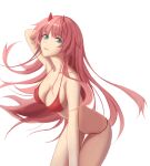 1girl add_leir aqua_eyes arm_behind_head bangs bare_shoulders bikini breasts cleavage closed_mouth collarbone darling_in_the_franxx eyebrows_visible_through_hair feet_out_of_frame highres horns leaning_forward lips long_hair looking_at_viewer medium_breasts pink_hair red_bikini smile solo standing swimsuit white_background zero_two_(darling_in_the_franxx) 