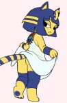 2021 animal_crossing ankha_(animal_crossing) anthro blue_hair butt clothed clothing clothing_lift domestic_cat dress dress_lift egyptian felid feline felis female full-length_portrait hair hi_res kemokin_mania looking_at_viewer looking_back looking_back_at_viewer mammal nintendo portrait rear_view simple_background solo standing video_games white_background white_clothing white_dress yellow_body 