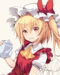  2girls alternate_costume ascot blonde_hair collared_shirt commentary_request enmaided eyebrows_visible_through_hair eyelashes flandre_scarlet hair_between_eyes hair_ribbon holding holding_teapot konpaku_youmu maid maid_headdress multiple_girls one_eye_closed puffy_short_sleeves puffy_sleeves red_eyes red_ribbon red_sash red_vest ribbon sash shirt short_sleeves sketch teapot touhou uneven_eyes unfinished vest white_shirt wing_collar wrist_cuffs yellow_ascot yuki_(popopo) 
