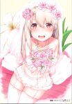  1girl absurdres alternate_costume artbook bangs blush bra braid breasts cooking dress eyebrows_visible_through_hair fate/kaleid_liner_prisma_illya fate_(series) flower hair_between_eyes happy highres illyasviel_von_einzbern jewelry long_hair looking_at_viewer open_mouth pink_flower red_eyes ring scan seven_d3t silver_hair sitting small_breasts solo underwear wedding wedding_dress 