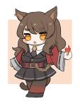  1girl :o animal_ears arknights bangs black_footwear black_jacket black_legwear black_skirt blush_stickers brown_background brown_hair brown_legwear cat_ears cat_girl cat_tail chibi collared_shirt ear_piercing eyebrows_visible_through_hair fire highres jacket long_hair long_sleeves looking_at_viewer orange_eyes pantyhose parted_lips piercing pleated_skirt red_jacket shirt shoes short_eyebrows skirt solo someyaya tail thick_eyebrows two-tone_background very_long_hair white_background white_shirt wide_sleeves 