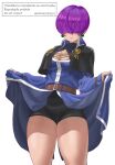  1girl belt breasts capelet cleavage clothes_lift cosplay covered_eyes earrings goenitz goenitz_(cosplay) highres jewelry kkzk61539201 purple_hair shermie_(kof) shorts skirt skirt_lift the_king_of_fighters thighs 