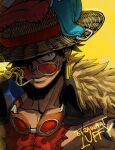  1boy artist_name barbarvsah black_hair character_name dated earrings fur_trm goggles goggles_around_neck hat highres jewelry monkey_d._luffy mouth_hold one_piece smoking solo star_(symbol) straw_hat sunlasses tattoo upper_body yellow_background yellow_eyes 