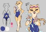  2021 akino_(kemokin_mania) anthro cheetah clothed clothing dripping eyewear eyewear_on_head felid feline female goggles goggles_on_head grey_background hand_on_hip happy hi_res japanese_text kemokin_mania looking_at_viewer mammal model_sheet one-piece_swimsuit open_mouth open_smile pawpads simple_background smile solo splashing spots swimming_goggles swimwear text translated water wet 