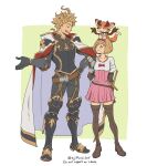  1boy 1girl :d animal armored_boots arms_behind_back asaya_minoru black_footwear black_gloves black_pants black_shirt boots brown_footwear brown_hair brown_legwear cloak closed_eyes closed_mouth djeeta_(granblue_fantasy) dragon elbow_gloves english_text facing_another gauntlets gloves granblue_fantasy green_background high-waist_skirt looking_at_another on_head pants pink_skirt pleated_skirt puffy_short_sleeves puffy_sleeves seofon_(granblue_fantasy) sheath shirt short_hair short_sleeves skirt smile standing sword thigh_boots thighhighs twitter_username two-tone_background vyrn_(granblue_fantasy) weapon white_background white_cloak white_shirt 