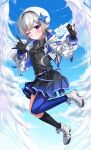  1girl ;d amane_kanata angel angel_wings asymmetrical_legwear belt beret black_dress black_gloves black_legwear blue_belt blue_hair blue_legwear blue_sky blush braid colored_inner_hair dress feathered_wings flying french_braid gloves hair_ornament hair_over_one_eye hair_rings hairclip hat highres hololive jacket jewelry kneehighs long_hair long_sleeves looking_at_viewer low_twintails mismatched_legwear multicolored_hair necklace one_eye_closed partially_fingerless_gloves pleated_dress purple_eyes saio425 shoes silver_hair single_hair_intake single_kneehigh single_thighhigh sky sleeveless sleeveless_dress smile sneakers solo star_(symbol) star_necklace thighhighs twintails uneven_legwear virtual_youtuber waving white_footwear white_headwear white_jacket white_wings wings 