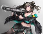  1girl aqua_nails bangs bare_shoulders black_gloves black_jacket black_legwear blush bra breasts cleavage closed_mouth double_bun expressionless eyebrows_visible_through_hair feet_out_of_frame fingerless_gloves firing girls&#039;_frontline gloves green_bra grey_skirt gun highres holding holding_gun holding_weapon honey_badger_(girls&#039;_frontline) honey_badger_(gun) jacket jacket_pull light_brown_hair lips long_hair looking_away marche_mk14 medium_breasts nail_polish navel open_clothes open_jacket purple_eyes shell_casing simple_background skirt solo standing thighhighs underwear weapon 