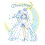  1girl :d absurdres bangs bare_arms bare_legs bishoujo_senshi_sailor_moon blue_eyes brooch chibi choker copyright_name crescent double_bun dress earrings facial_mark forehead_mark full_body hair_ornament heart heart_hair_ornament high_heels highres holding holding_staff jewelry long_hair looking_at_viewer official_art open_mouth parted_bangs pleated_dress ribbon sailor_collar sailor_cosmos sailor_senshi_uniform scan simple_background smile solo staff standing star_(symbol) star_choker takeuchi_naoko waist_brooch white_background white_choker white_footwear white_hair white_ribbon white_sailor_collar wing_brooch 