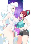  2girls aqua_bow bow breasts cloud_hair curvy dress hair_bun hand_on_thigh highres kenron_toqueen large_breasts long_hair multiple_girls original sahne skindentation thick_thighs thighs tight tight_dress tomatita very_long_hair white_eyes white_hair 