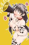  1girl alternate_costume animal_costume animal_print bangs bell bikini black_hair blush breasts cleavage collar collarbone cow_costume cow_girl cow_print cowbell eyebrows_visible_through_hair feet_out_of_frame fingernails girls&#039;_frontline hand_on_own_chest heterochromia highres holding holding_megaphone jewelry kuzumotsu large_breasts long_hair looking_at_viewer megaphone neck_bell open_mouth red_collar red_eyes ring ro635_(girls&#039;_frontline) solo standing sweat sweatdrop swimsuit thighhighs yellow_background yellow_eyes 