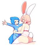  &gt;_&lt; +++ 2girls :&lt; :d ^_^ animal_ears ass bare_arms bare_shoulders blue_hair breasts closed_eyes commentary english_commentary eyebrows_visible_through_hair fiz_(fizintine) fizintine large_breasts long_sleeves multiple_girls open_mouth original outstretched_arms pajamas pink_hair rabbit_ears rabbit_girl rabbit_tail short_hair side_bun simple_background sitting smile spread_arms tail thighhighs tori_(fizintine) white_background white_legwear x&lt; 