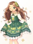  1girl ;d brown_hair brown_hairband curtsey dress earrings floral_print flower gloves green_dress green_eyes hair_flower hair_ornament hairband highres idolmaster idolmaster_cinderella_girls jewelry kahiika kusakabe_wakaba lace lace_gloves long_hair long_sleeves looking_at_viewer one_eye_closed simple_background skirt_hold smile white_background 