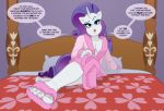  anthro anthrofied bed bedpost blue_eyes breasts colored_nails dialogue dominant dominant_female equid equine eyeshadow feet female friendship_is_magic furniture hair hasbro looking_at_viewer makeup mammal my_little_pony nails nasiri_(artist) nightgown pillow purple_hair rarity_(mlp) slippers 