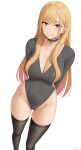  1girl :d absurdres alternate_costume arms_behind_back bangs bare_hips black_choker black_legwear blonde_hair blush breasts choker cleavage collarbone covered_navel ear_piercing eyebrows_visible_through_hair feet_out_of_frame gradient_hair grey_leotard grin groin highres kitagawa_marin large_breasts leotard long_hair long_sleeves looking_at_viewer multicolored_hair parted_lips piercing pink_eyes pink_hair simple_background smile solo sono_bisque_doll_wa_koi_wo_suru standing thighhighs very_long_hair white_background zaphn 