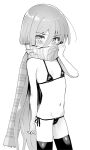  1girl bangs bare_shoulders bikini blush covered_mouth covered_nipples cowboy_shot embarrassed enpera eyebrows_visible_through_hair flat_chest greyscale groin_tendon hair_between_eyes long_hair looking_at_viewer micro_bikini monochrome mons_pubis navel ohlia partially_visible_vulva scarf scarf_over_mouth shakugan_no_shana shana side-tie_bikini simple_background solo standing stomach string_bikini sweatdrop swimsuit thighhighs very_long_hair white_background 