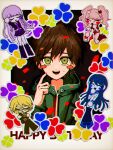  2boys 3girls :d bangs bear_hair_ornament blonde_hair blunt_bangs blush_stickers brown_hair chibi danganronpa:_trigger_happy_havoc danganronpa_(series) enoshima_junko eyebrows_visible_through_hair glasses green_eyes green_hoodie green_jacket hair_ornament happy_birthday heart highres hoo_down hood hoodie ie_(kshgnhg) jacket kirigiri_kyouko long_hair looking_at_viewer maizono_sayaka miniskirt multiple_boys multiple_girls naegi_makoto short_hair skirt smile sweatdrop teeth togami_byakuya twintails upper_teeth 