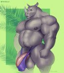  2021 abs anthro balls barazoku barely_contained belly bent_leg biceps big_balls big_belly big_bulge big_muscles big_penis body_hair border bulge chest_hair clothed clothing erection erection_under_clothing eyebrows genitals green_background green_border happy_trail hi_res horn huge_balls huge_bulge huge_muscles huge_penis ineffective_clothing leaf looking_at_viewer mainlion male mammal musclegut muscular muscular_anthro muscular_male navel nipples pecs penis pubes quads rhinocerotoid saggy_balls signature simple_background smile solo standing text thick_thighs thong underwear url vein 